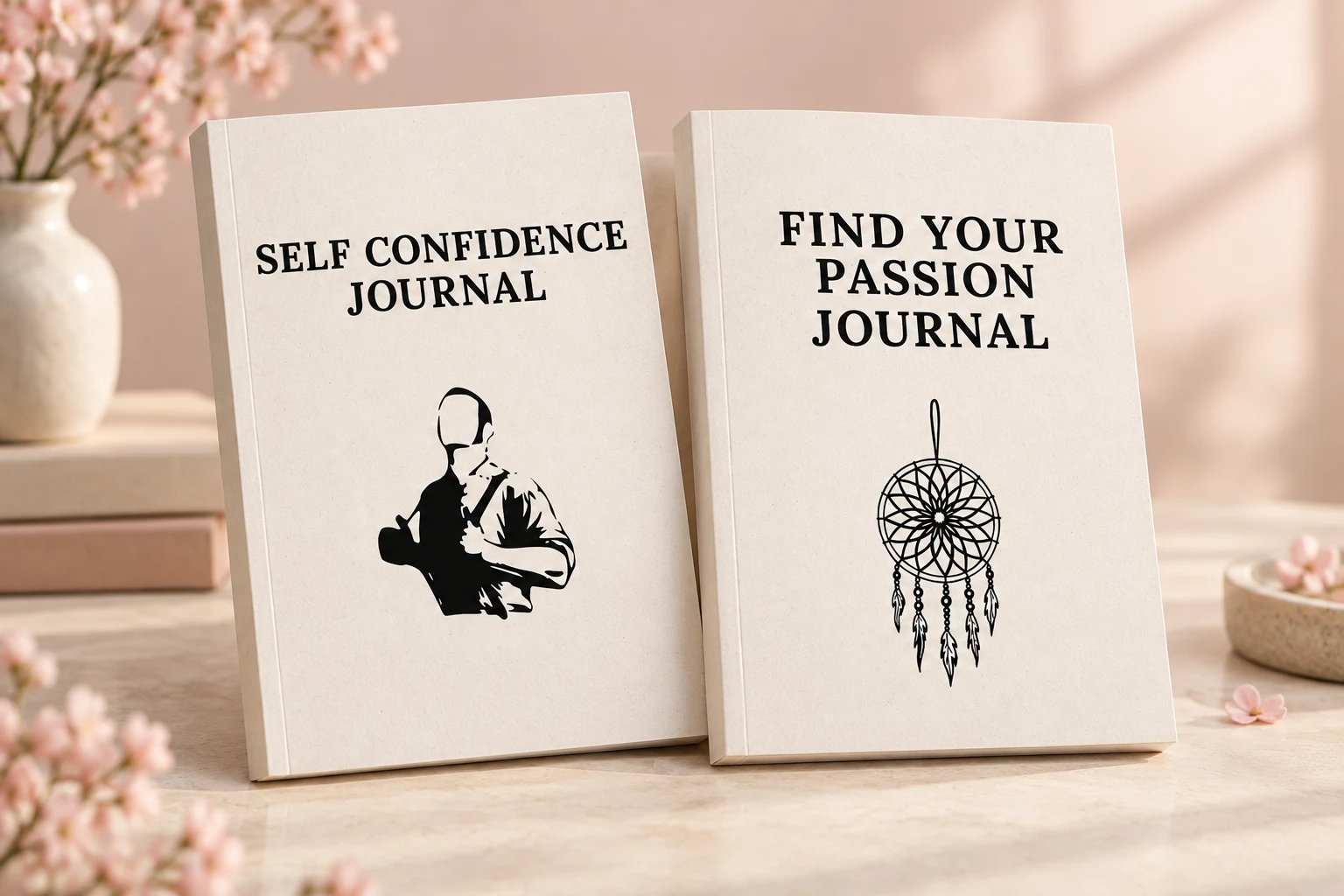 Realistic mockup of the Self Confidence and Find Your Passion journals